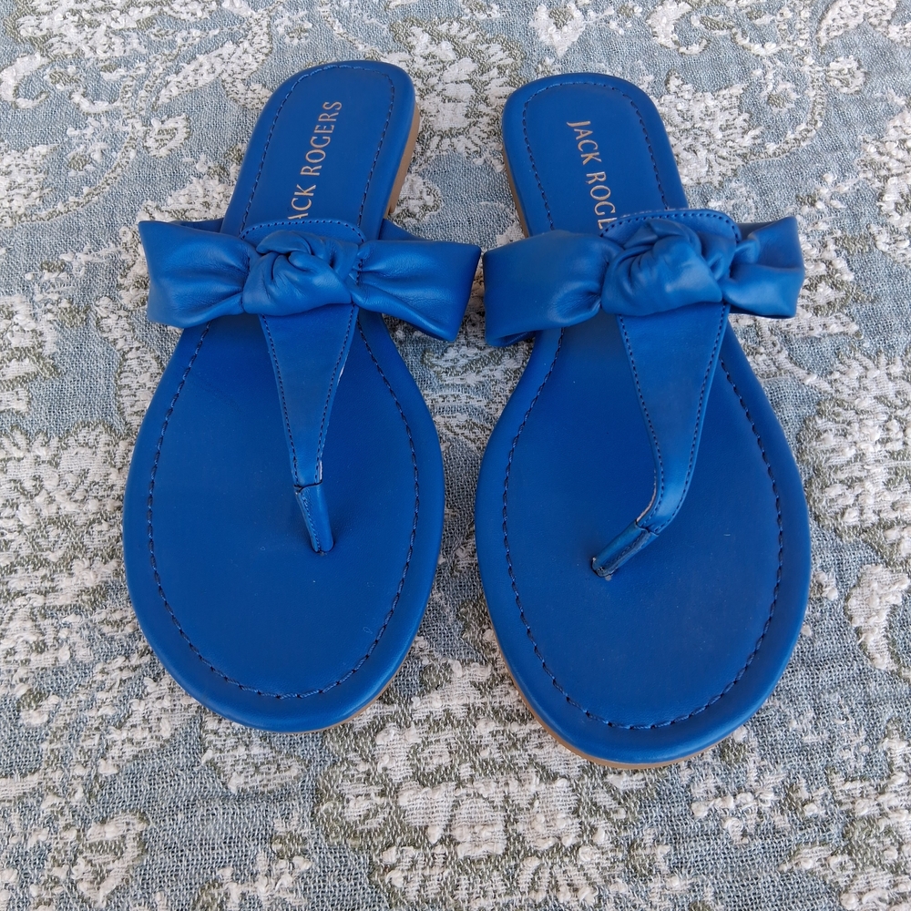 Jack Rogers Vanna Bow Knot Leather Sandals Blue Thong Slide Size 9 Chic Trendy - Picture 2 of 12